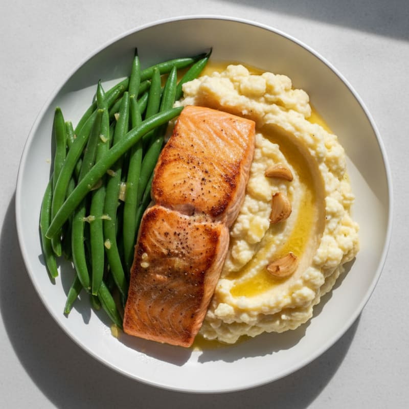 Seared Salmon with Steamed Green Beans and Garlic Mashed Cauliflower