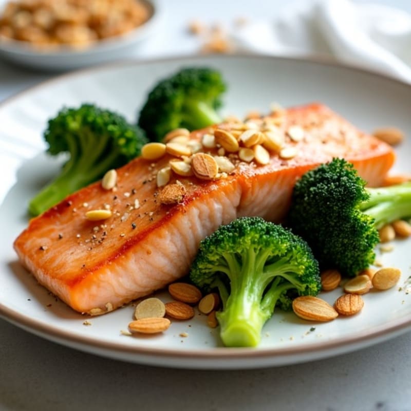 Seared Salmon Fillet with Roasted Broccoli and Garlic Almonds