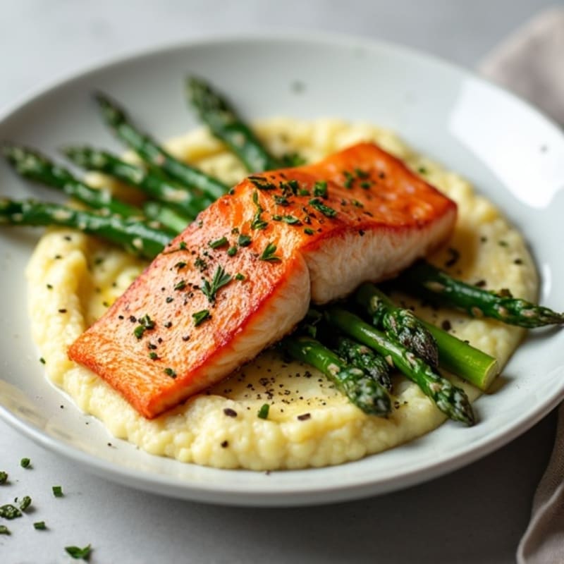 Seared Salmon with Roasted Asparagus and Cauliflower Mash