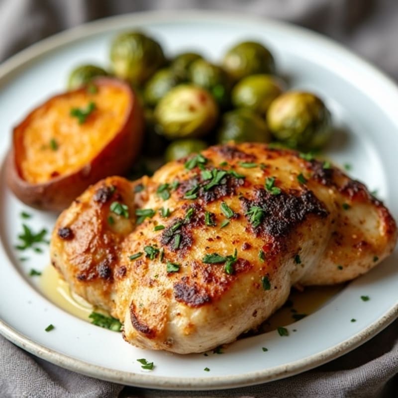 Herb-Roasted Chicken with Crispy Brussels Sprouts and Sweet Potato