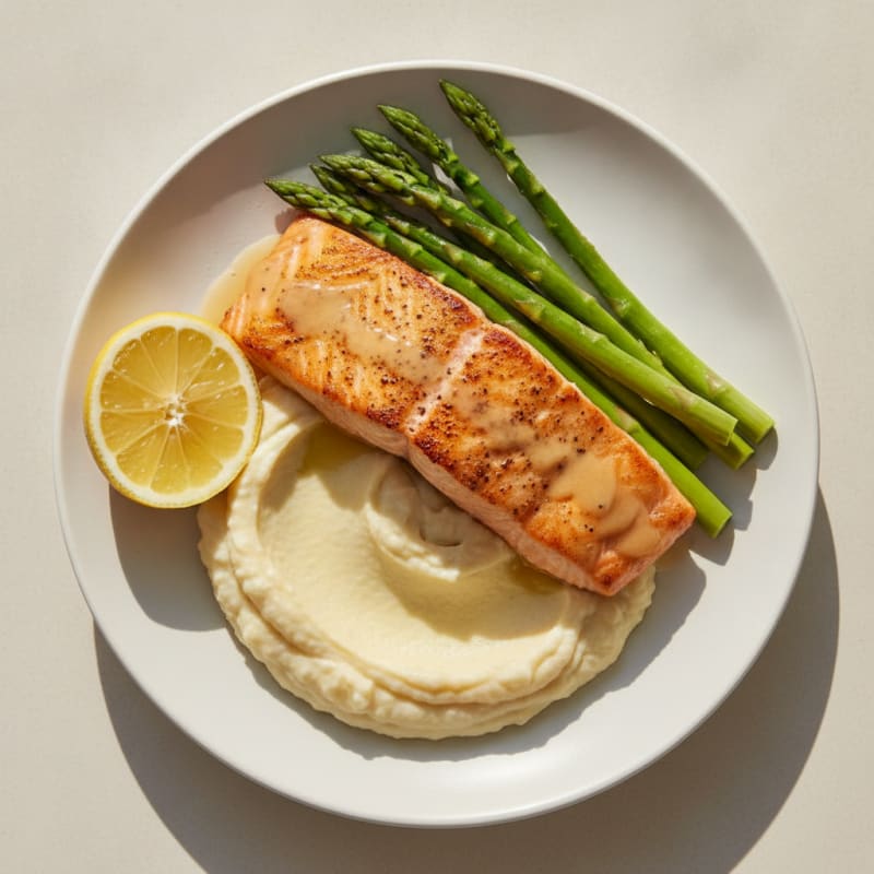 Seared Salmon Fillet with Steamed Asparagus and Cauliflower Mash