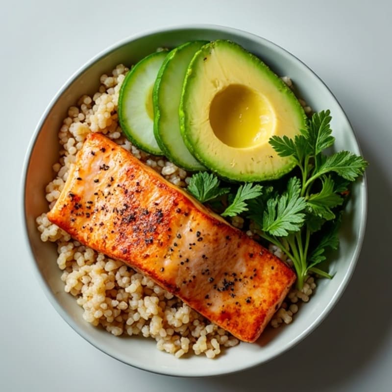 Pan-Seared Salmon with Fresh Avocado and Cucumber Brown Rice Bowl
