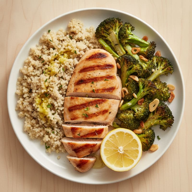 Grilled Chicken Breast with Roasted Broccoli and Quinoa