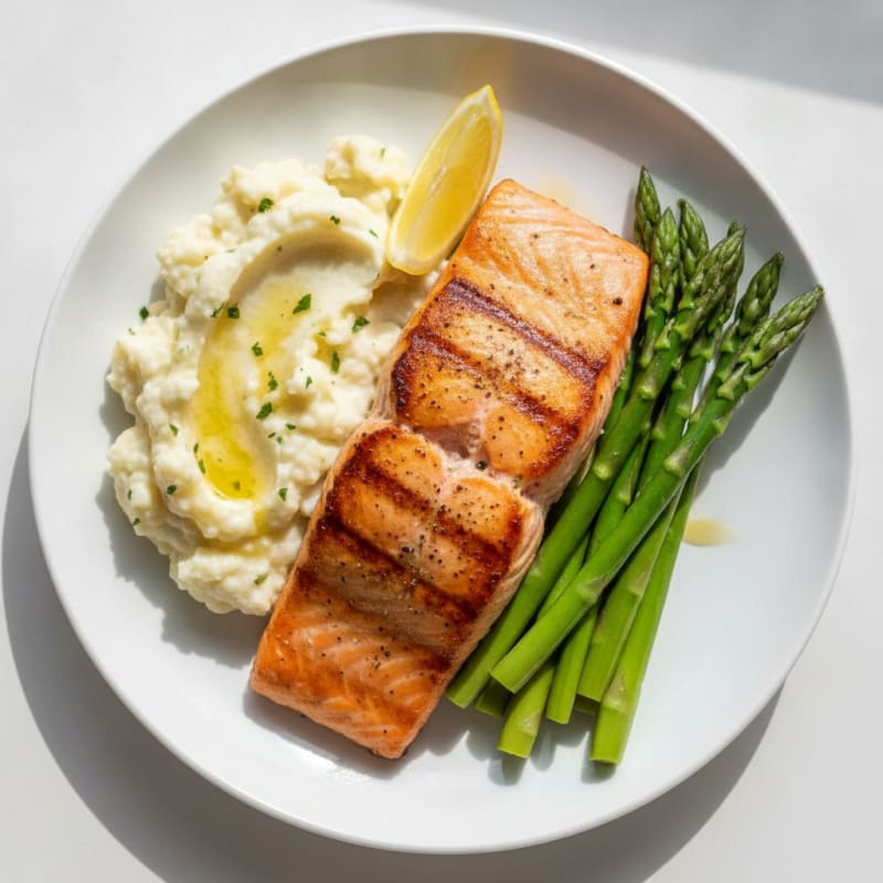 Seared Salmon Filet with Steamed Asparagus and Garlic Mashed Cauliflower