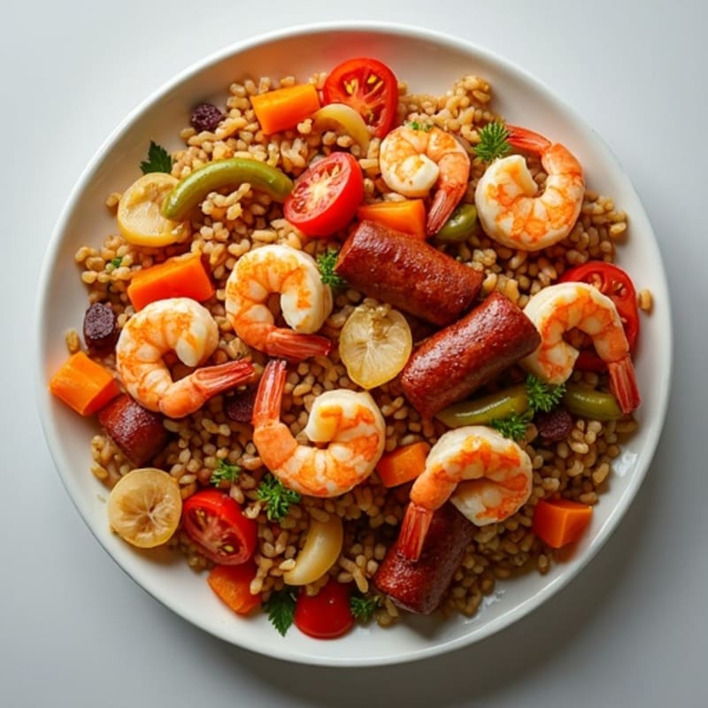 Spicy Chicken, Shrimp, and Sausage Simmered with Brown Rice and Hearty Vegetables