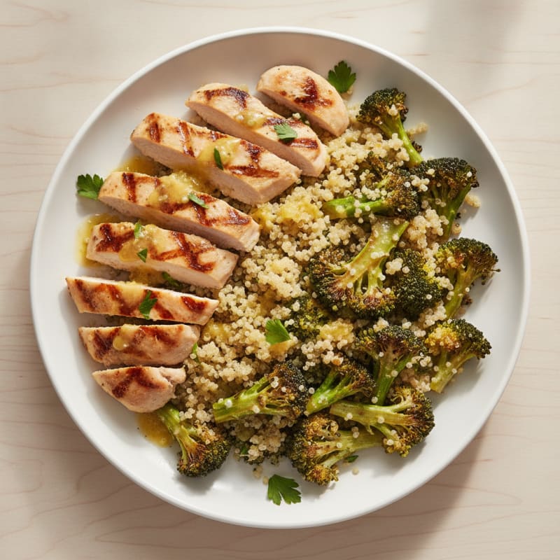 Grilled Chicken Breast Salad with Quinoa and Roasted Broccoli