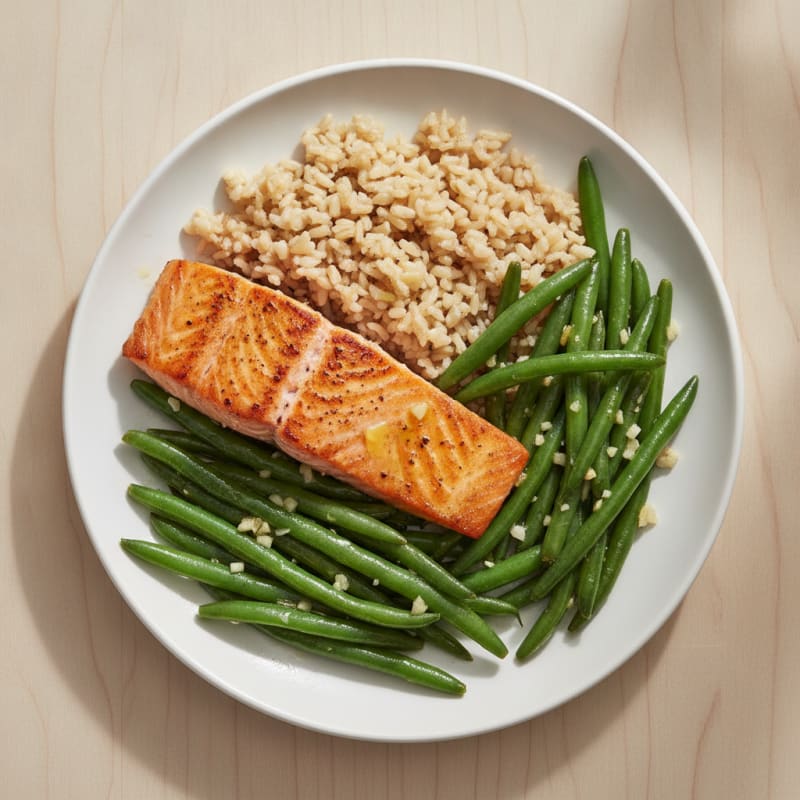 Seared Salmon with Garlic Green Beans and Brown Rice