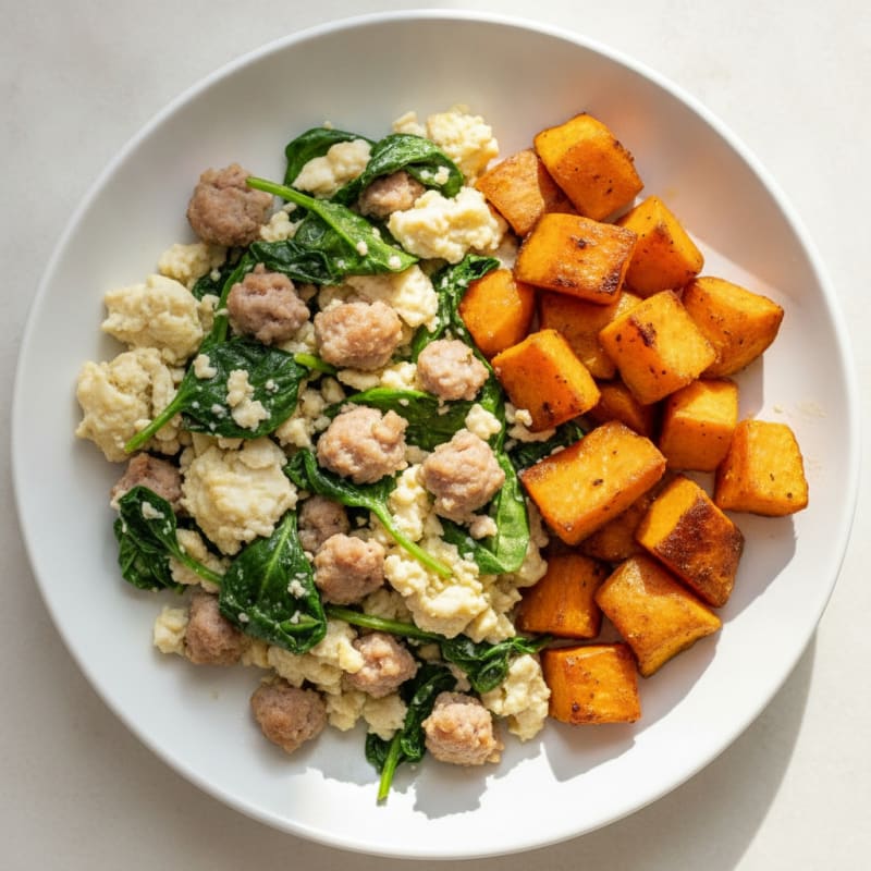 Egg White and Turkey Sausage Scramble with Spinach and Roasted Sweet Potato