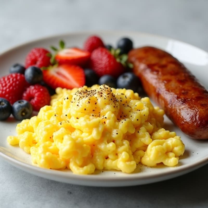 Fluffy Scrambled Eggs with Seared Sausage and Fresh Berries