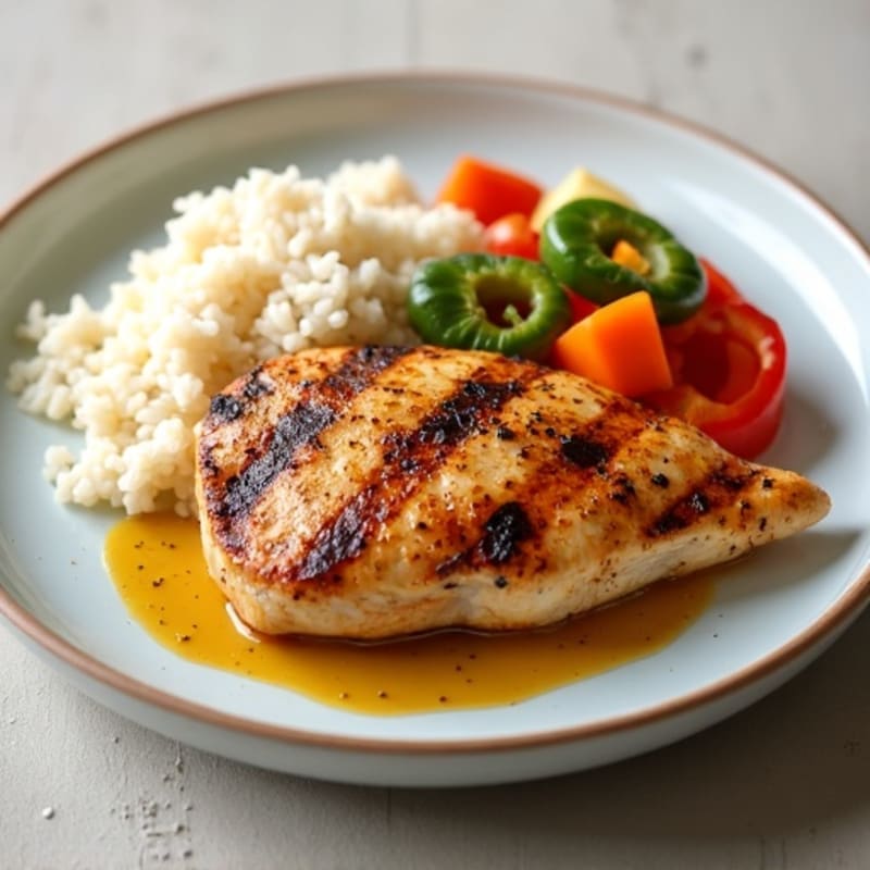 Grilled Chicken Breast with Steamed Rice and Curry-Spiced Vegetables