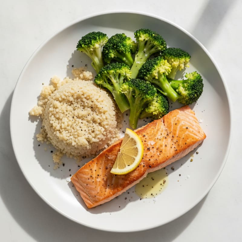 Seared Salmon with Steamed Broccoli and Quinoa
