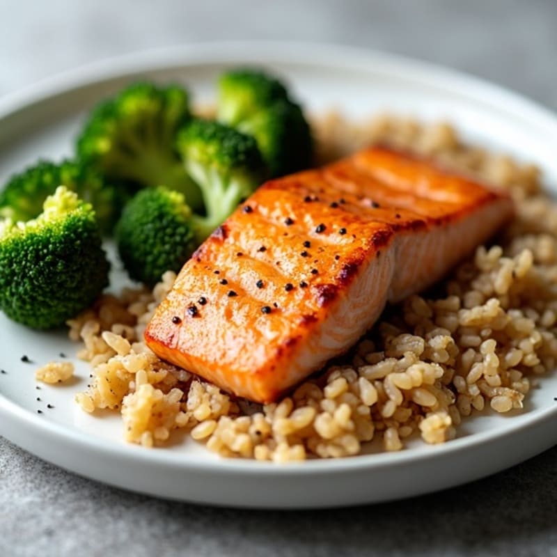 Seared Salmon with Brown Rice and Roasted Broccoli