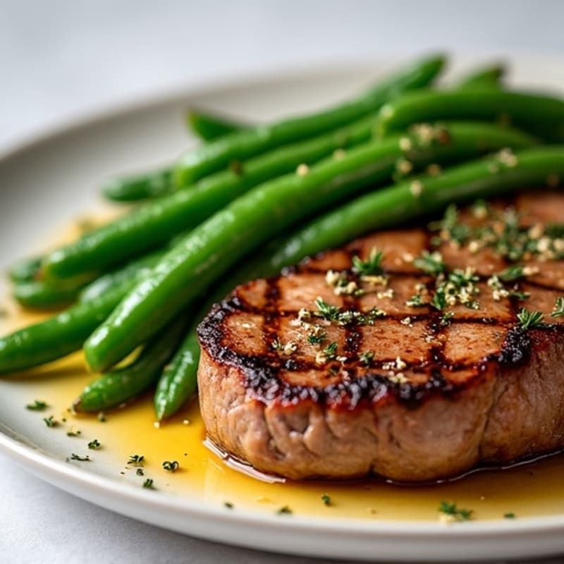 Pan-Seared New York Strip with Garlic Herb Crispy Green Beans