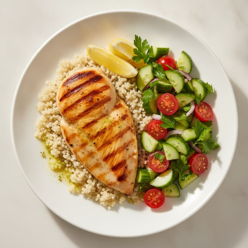 Grilled Chicken Breast with Quinoa and Crunchy Cucumber Tomato Salad