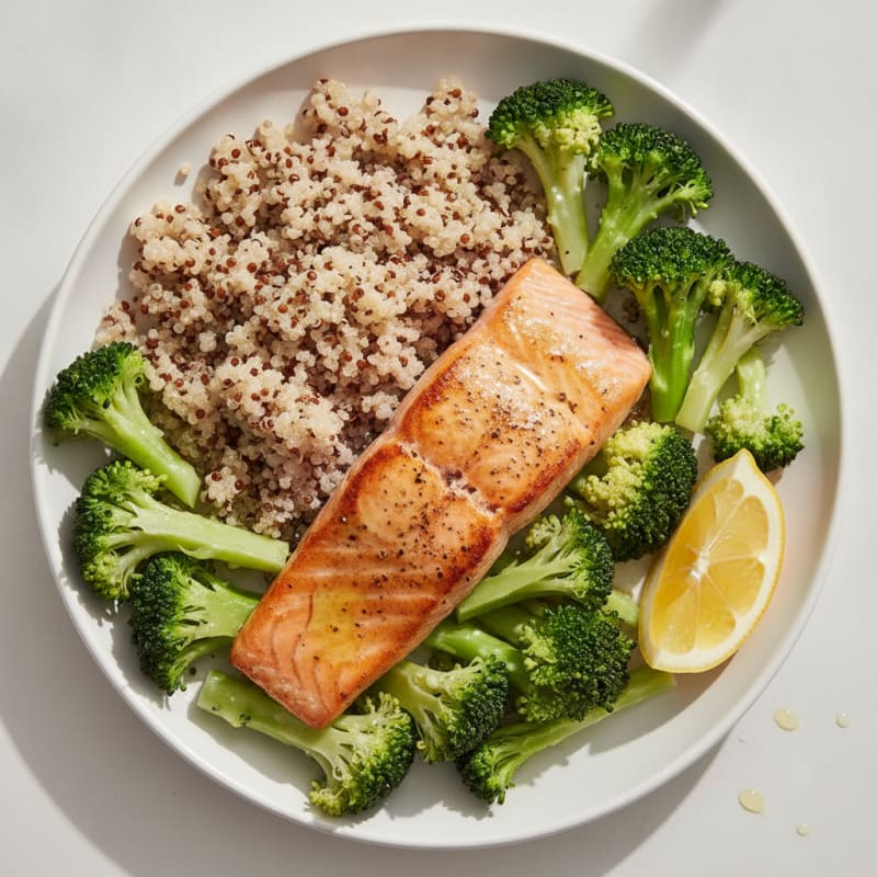 Roasted Salmon with Steamed Broccoli and Quinoa