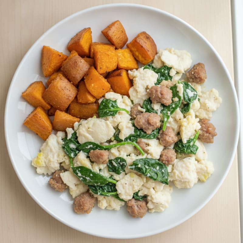 Egg White and Turkey Sausage Scramble with Spinach and Roasted Sweet Potato