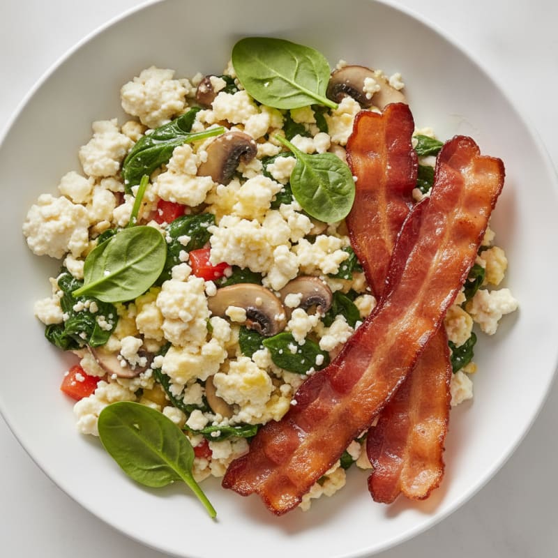 Egg White Veggie Scramble with Cottage Cheese and Turkey Bacon