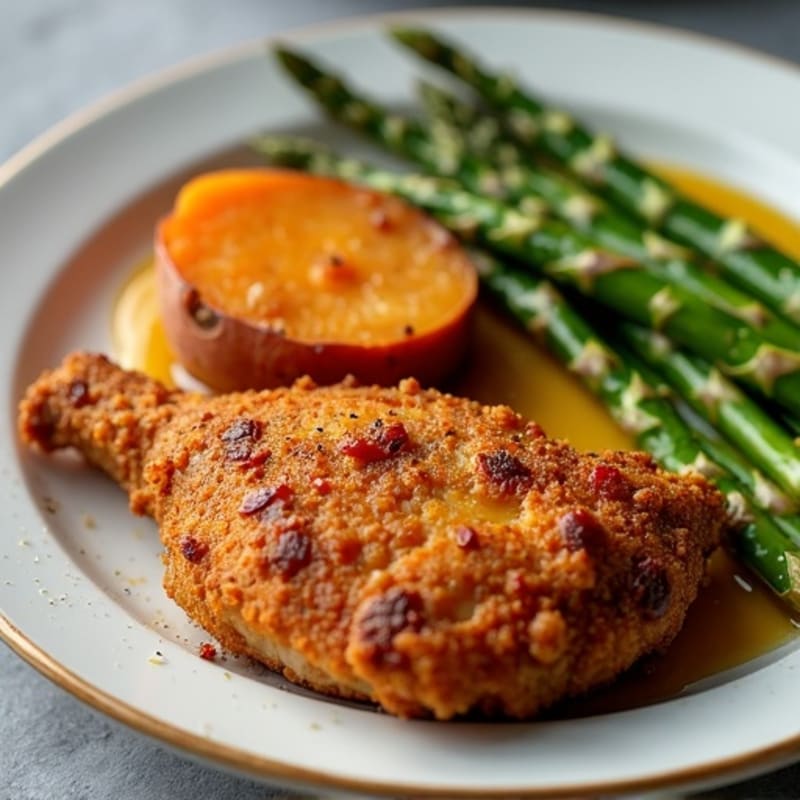 Crispy Air-Fried Chicken Thighs with Roasted Asparagus and Sweet Potato