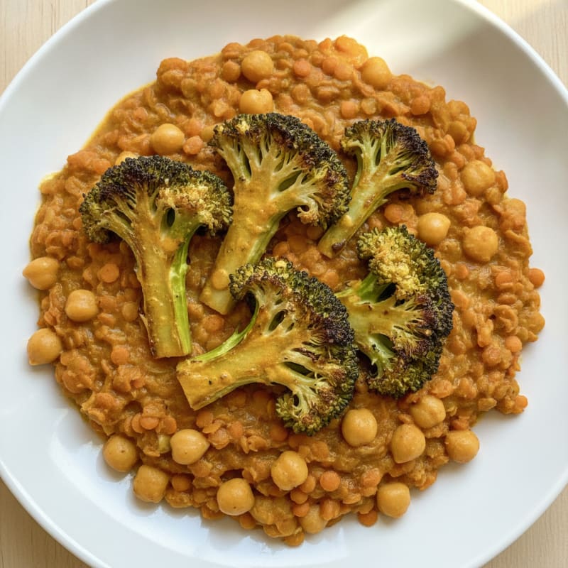 Creamy Lentil and Chickpea Stew with Roasted Broccoli