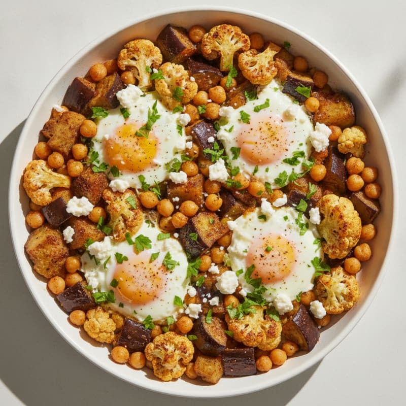 Roasted Aubergine Cauliflower and Eggs