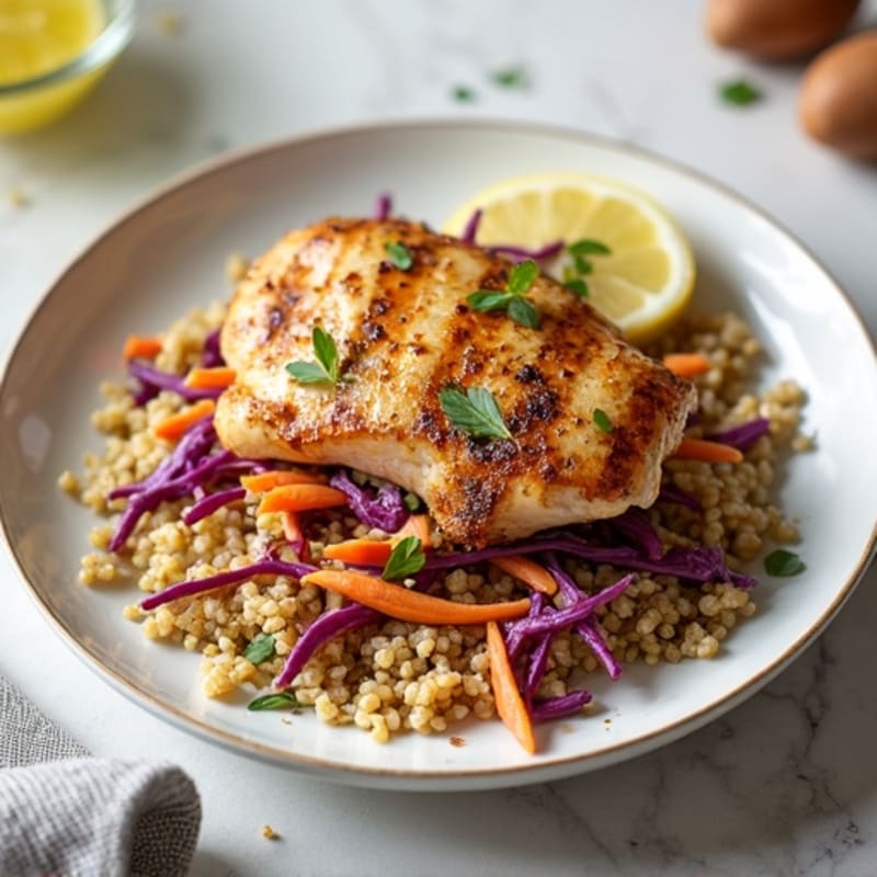 Grilled Chicken Breast with Crunchy Cabbage Slaw and Quinoa