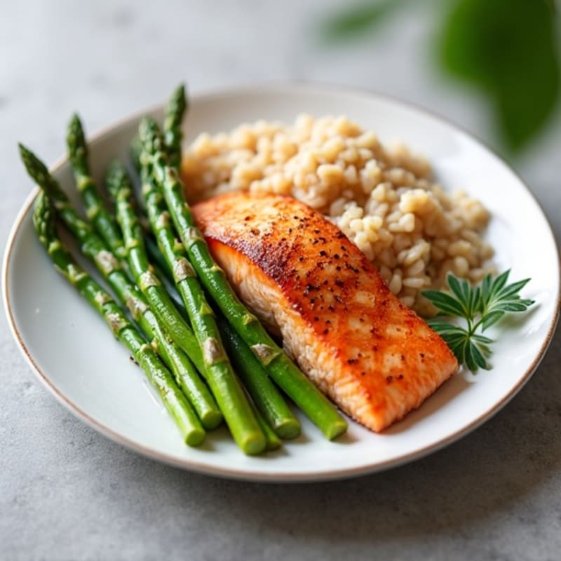 Seared Salmon with Steamed Asparagus and Brown Rice