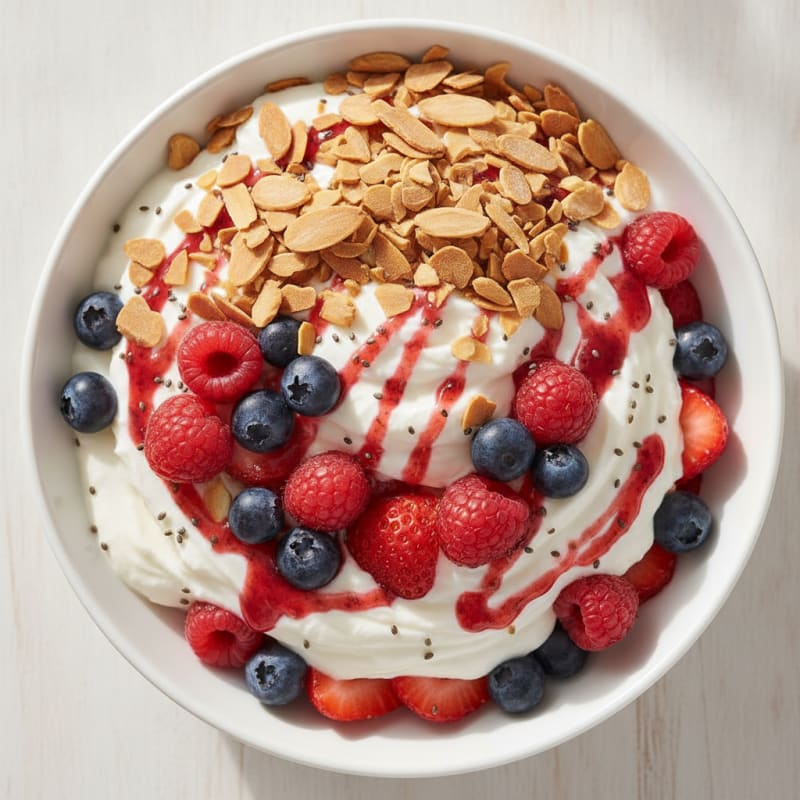 Greek Yogurt Protein Parfait with Mixed Berries and Almonds