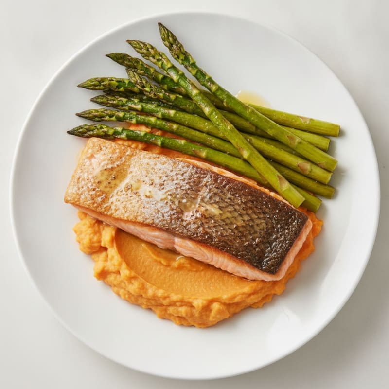 Seared Salmon Fillet with Roasted Asparagus and Sweet Potato Mash