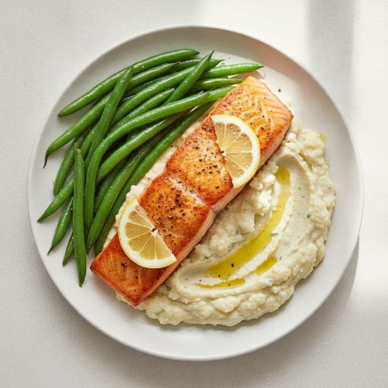 Seared Salmon with Steamed Green Beans and Garlic Mashed Cauliflower