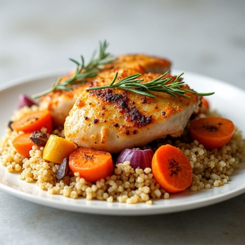 Crispy Lemon-Herb Roasted Chicken with Roasted Root Vegetables and Fluffy Quinoa