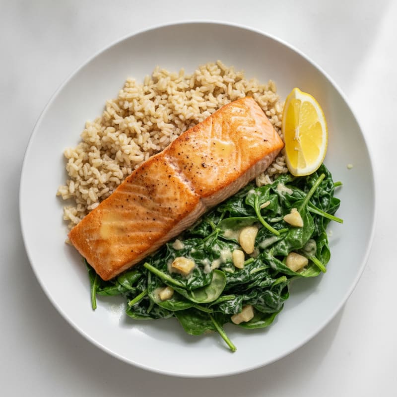 Seared Salmon with Creamy Garlic Spinach and Brown Rice