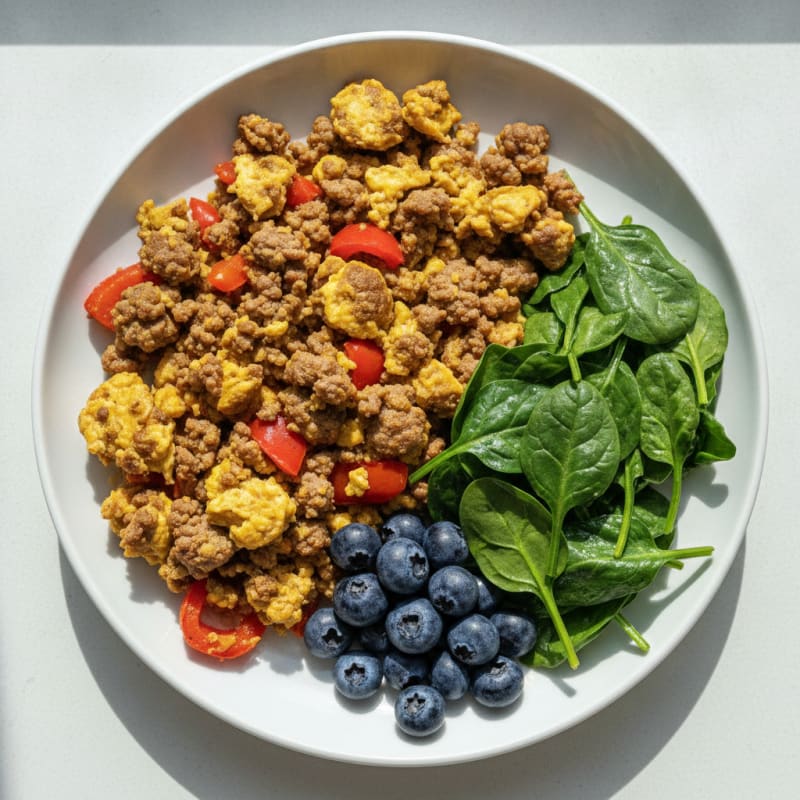 Egg and Vegetable Scramble with Sautéed Spinach