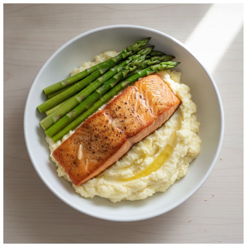 Seared Salmon with Steamed Asparagus and Garlic Mashed Cauliflower