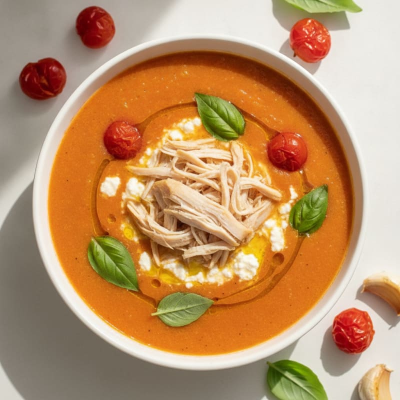 Roasted Tomato Basil Soup with Pulled Chicken