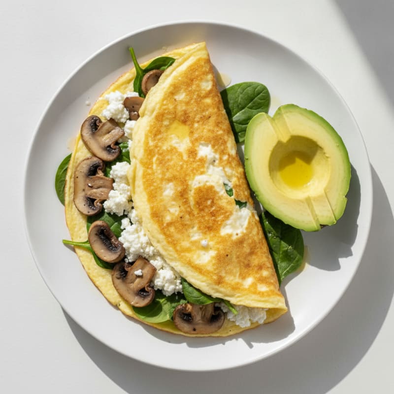Egg White Spinach Omelette with Cottage Cheese and Sautéed Mushrooms