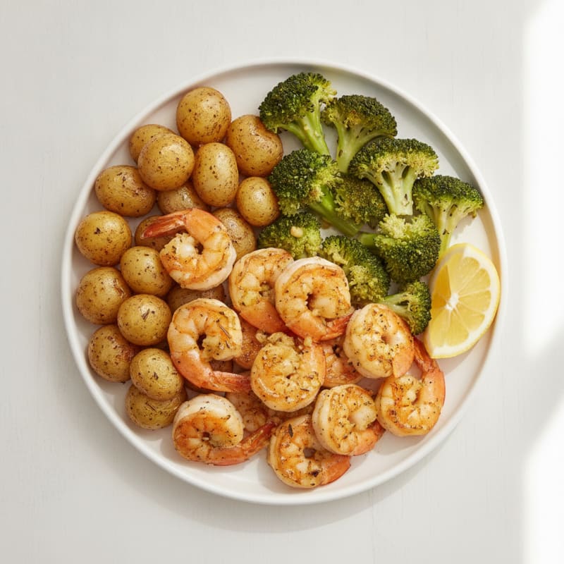 Garlic Shrimp with Steamed Broccoli and Herb-Roasted Baby Potatoes