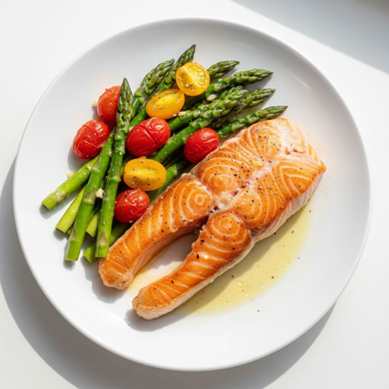 Seared Salmon with Garlic Asparagus and Tomato