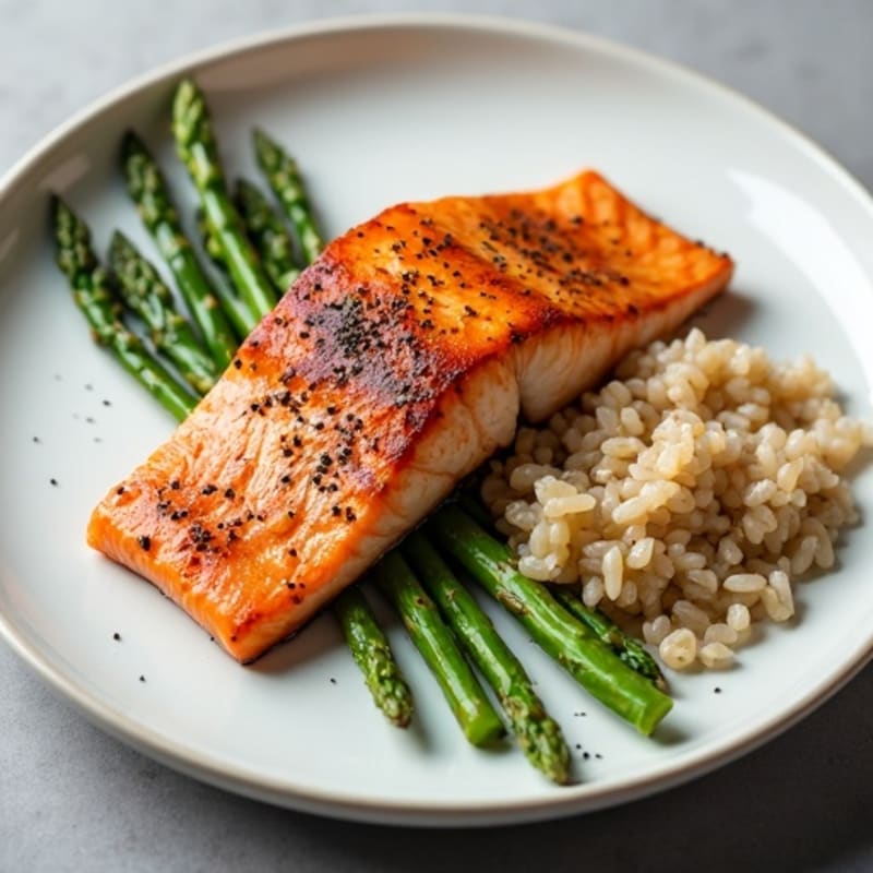 Seared Salmon Fillet with Roasted Asparagus and Wild Rice