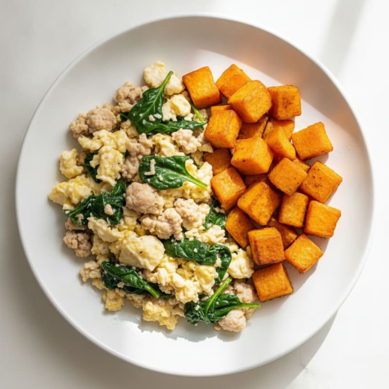 Egg White and Turkey Spinach Scramble with Roasted Sweet Potato