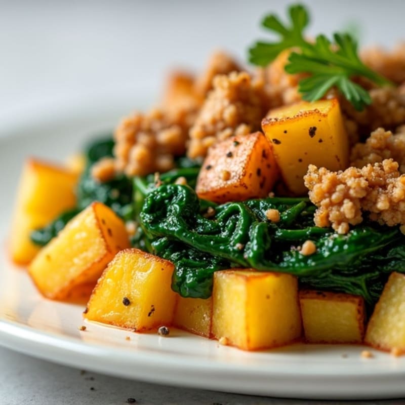 Crispy Yellow Potato Hash with Lean Ground Turkey and Sautéed Spinach