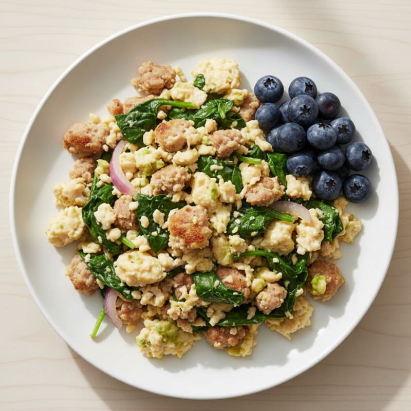 Egg White and Turkey Sausage Scramble with Sautéed Spinach