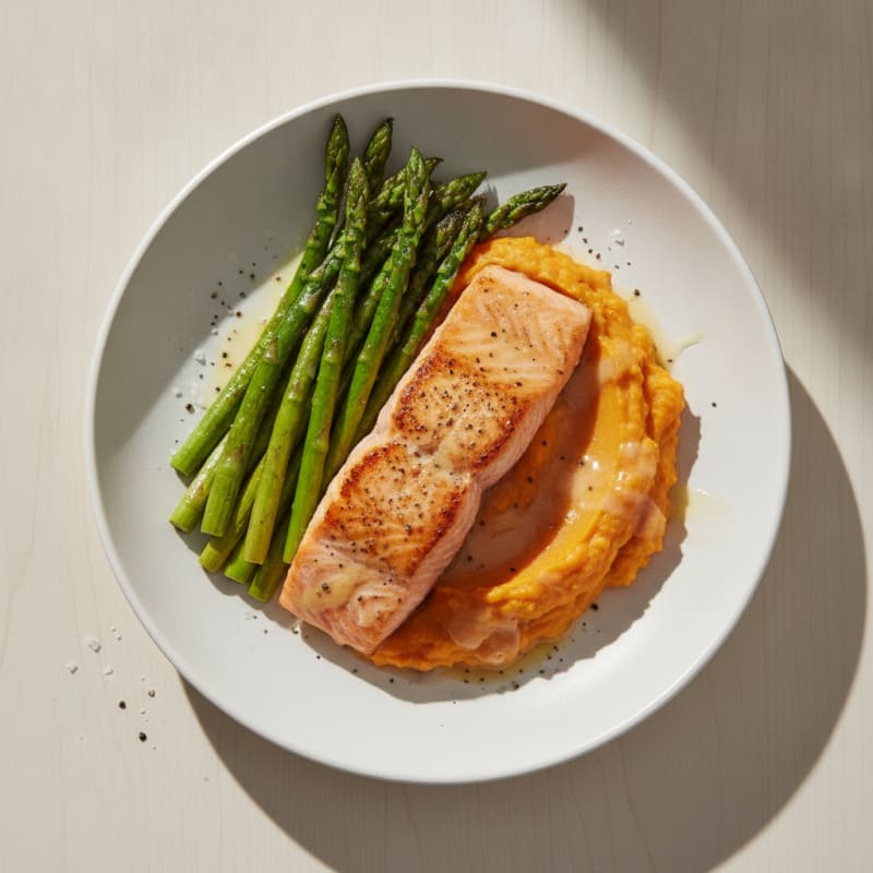 Seared Salmon Fillet with Roasted Asparagus and Sweet Potato Mash