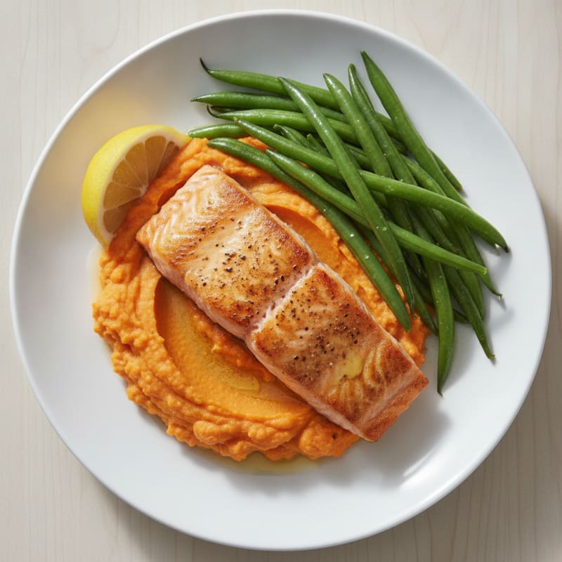 Seared Salmon Fillet with Steamed Green Beans and Sweet Potato Mash