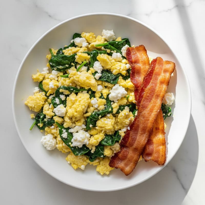 Cottage Cheese Egg Scramble with Spinach and Turkey Bacon