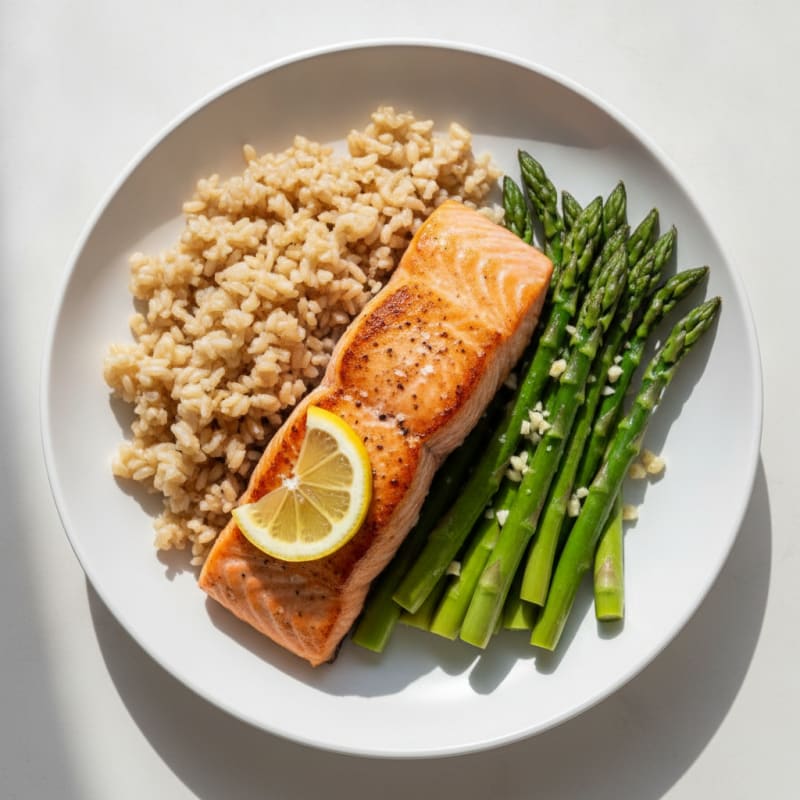 Seared Salmon with Steamed Asparagus and Brown Rice