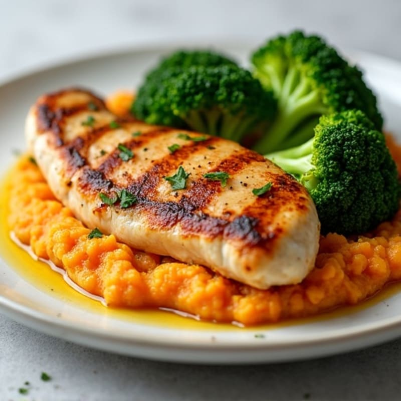 Seared Chicken Breast with Steamed Broccoli and Sweet Potato Mash