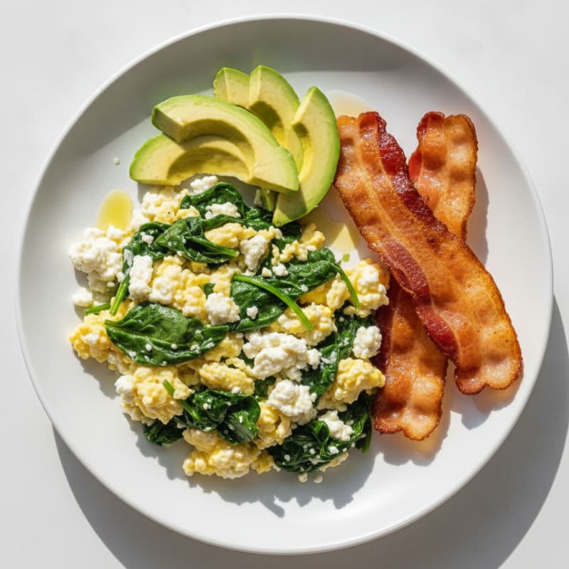 Cottage Cheese Egg Scramble with Spinach and Turkey Bacon
