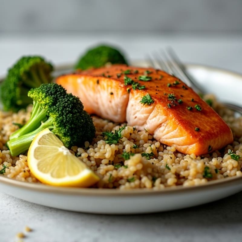 Lemon-Herb Baked Salmon with Fluffy Brown Rice and Roasted Broccoli