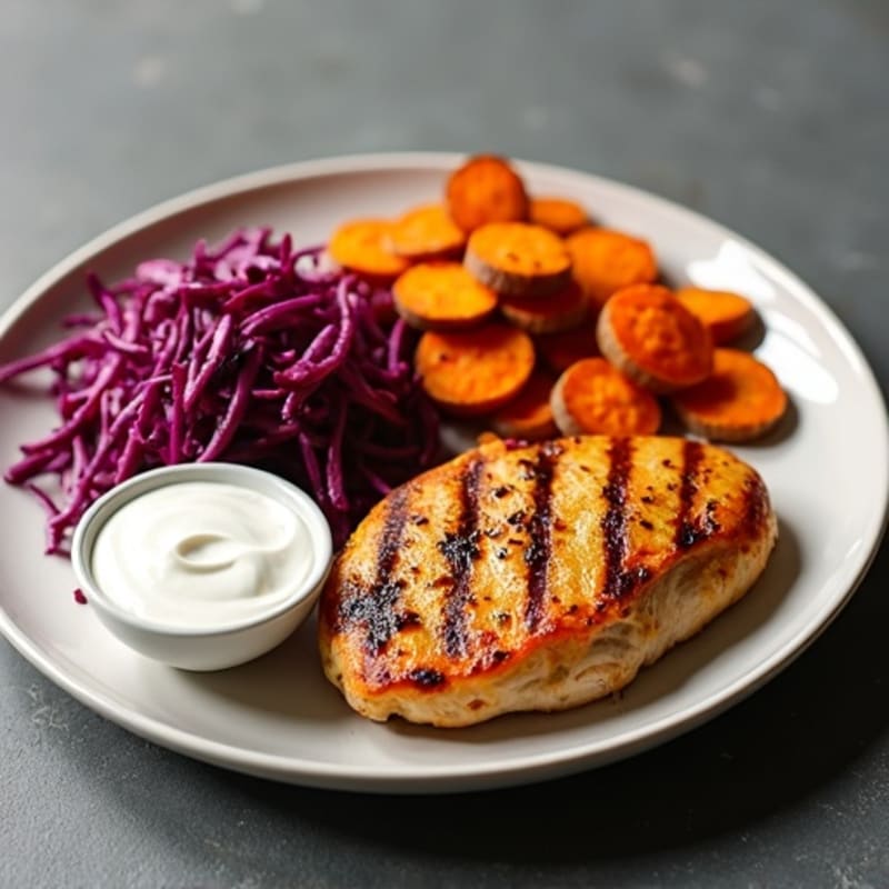Grilled Chicken Breast with Roasted Sweet Potato Fries and Crunchy Slaw