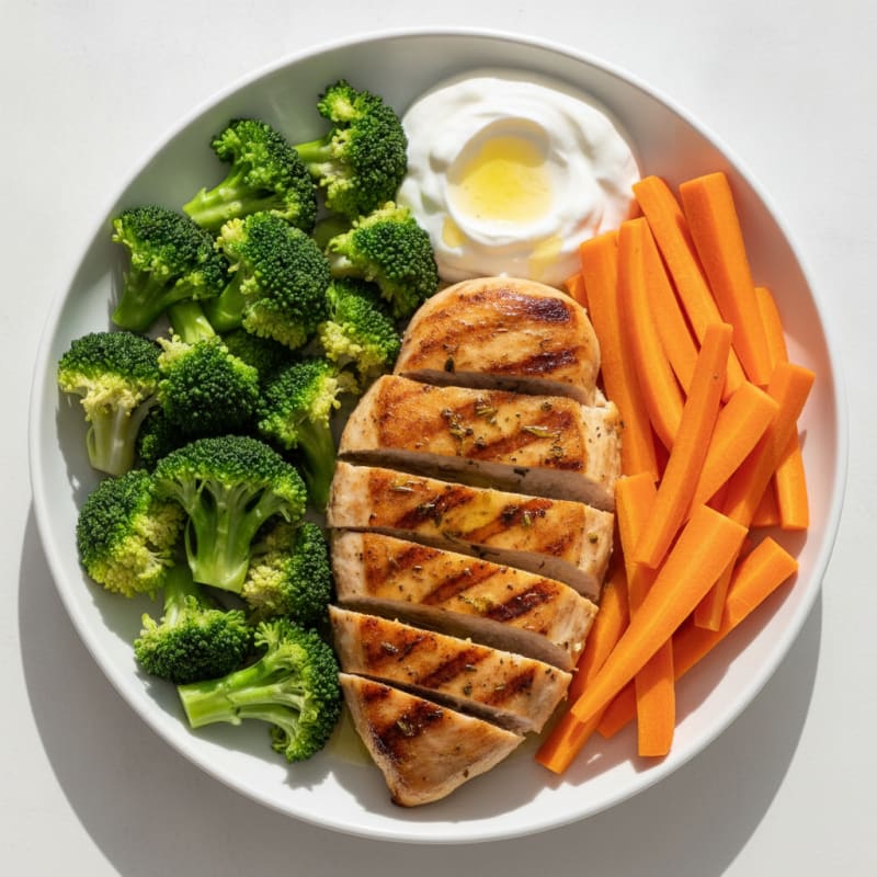 Grilled Chicken Breast with Steamed Broccoli and Raw Carrot Sticks